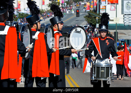 SP Marching Band Rehearses before the Chinese New Year Parade in Chinatown, Los Angeles. Stock Photo