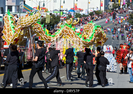 Dragon Dancers perform in the Los Angeles Chinatown, Chinese New Years Day Parade, 2014. Stock Photo