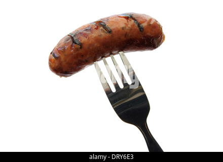 Grilled sausage on a fork over a white background Stock Photo