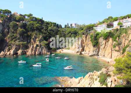 yachts in blue transparent waters of coral lagoon. Mallorca, Spain. Top view Stock Photo