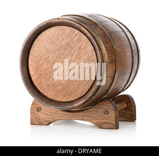 Wooden barrel on stand isolated on a white background Stock Photo