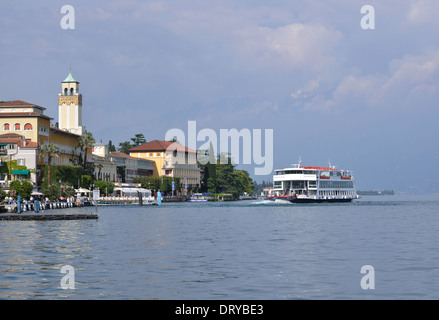 The car ferry Brennero, one of the largest ferries in the fleet, leaves Gardone Riviera, on Lake Garda. Stock Photo