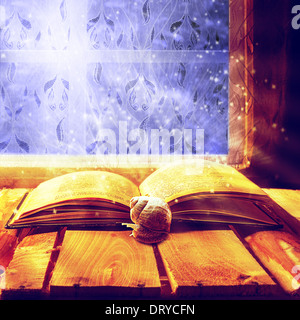 Open old book of magic with the snail Stock Photo