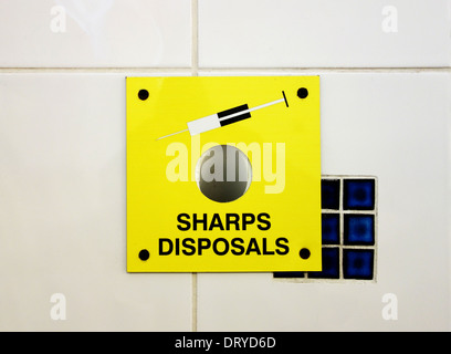 a used hypodermic needle disposal unit in a gents toilet Stock Photo