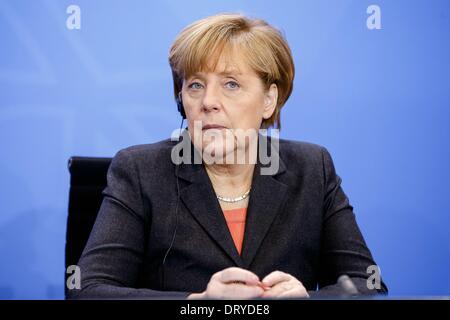 Berlin, Germany. Februar 04th, 2014. German Chancellor Angela Merkel welcomes the Turkish Prime Minister Recep Tayyip Erdogan to exchange views at the Federal Chancellery. The focus of the common conversation is the bilateral relations and current international issues, like Syria. After the meeting, they give a joint press conference at the Chancellery in Berlin. 4th Feb, 2014. / Picture: Angela Merkel (CDU), German Chancellor. © Reynaldo Paganelli/NurPhoto/ZUMAPRESS.com/Alamy Live News Stock Photo