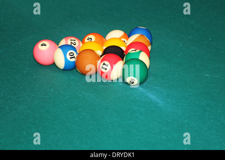 Billiards balls in triangle on the green cloth table Stock Photo