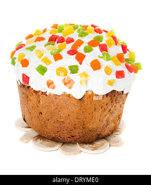 Easter cake with glace icing on white background Stock Photo