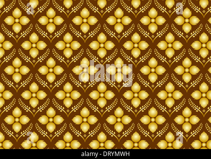 Gold Thai flower and 2 crops pattern on brown background. Thai pattern style Stock Photo