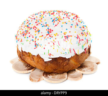 Easter cake with glace icing on white background Stock Photo