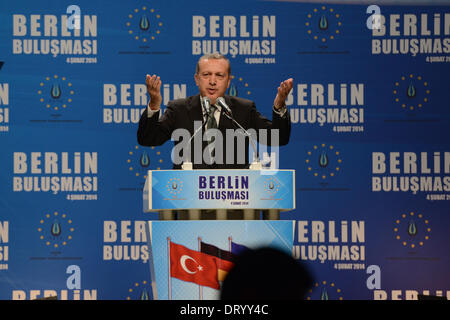 Berlin, Germany. 04th Feb, 2014. Prime Minister of Turkey, Recep Tayyip Erdoğan, speaks to members of the turkish community in Berlin, Germany, 04 February 2014. Photo: RAINER JENSEN/dpa/Alamy Live News Stock Photo