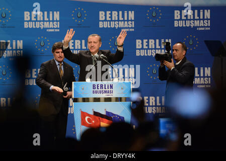 Berlin, Germany. 04th Feb, 2014. Prime Minister of Turkey, Recep Tayyip Erdoğan, speaks to members of the Turkish community in Berlin, Germany, 04 February 2014. Photo: RAINER JENSEN/dpa/Alamy Live News Stock Photo