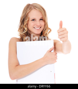 smiling student girl showing thumbs up Stock Photo - Alamy