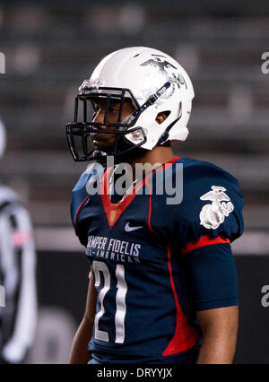 Jan. 5, 2014 - Carson, CA, United States of America - January 5, 2014 Carson, CA..East Coast Blue team, and Oregon Ducks verbal commit, running back (21) Tony James warms up before the 3rd Annual Semper Fidelis All-American Bowl Football game between the Blue team from the east coast, and the white team from the west coast, at the StubHub Center in Carson, California. The west coast white team won 31-24. (Mandatory Credit: Juan Lainez / MarinMedia / Cal Sport Media) Stock Photo