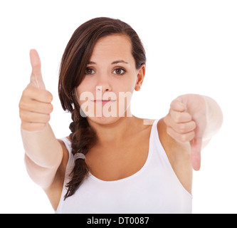 Attractive young woman showing thumbs up and down. All on white background. Stock Photo