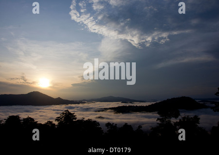 Sunrise above low clouds covering valley, Danum Valley, Sabah, East Malaysia, Borneo Stock Photo