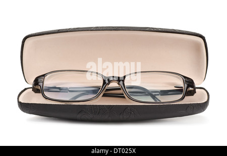 Pair of classics eyeglasses in case isolated on white Stock Photo