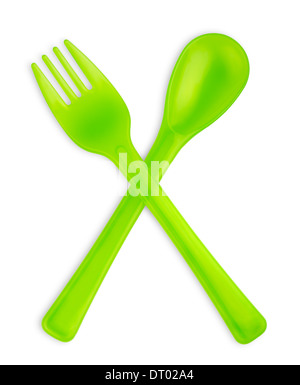 Green baby fork and spoon isolated on white Stock Photo
