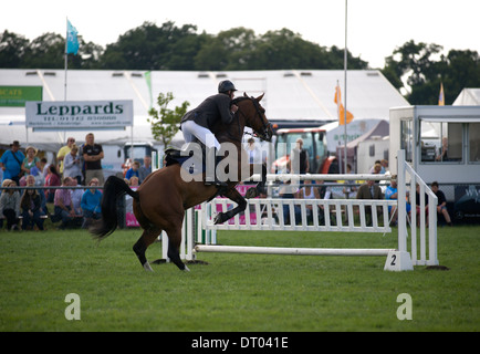 A horse and rider approaching a fence in the show jumping competition at the Edenbridge and Oxted Agricultural Show in Surrey Stock Photo