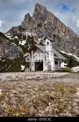 Chapel at Falzarego Pass, Dolomites, Italy Stock Photo