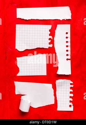 Collection of white ripped pieces of paper on red background Stock Photo