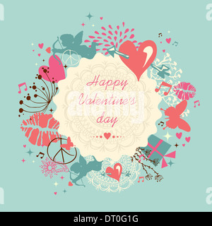 Happy Valentines day greeting card illustration with love icons and symbols. EPS10 vector. Stock Photo