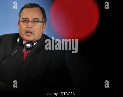 Berlin, Germany. 05th Feb, 2014. Egyptian Foreign Minister Nabil Fahmi during a press conference with the German Foreign Minister Frank-Walter Steinmeier in Berlin, Germany, 05 February 2014. Photo: PAUL ZINKEN/dpa/Alamy Live News Stock Photo