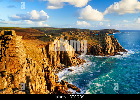 View overlooking Zawn Trevilley and Carn Boel, Land's End Stock Photo