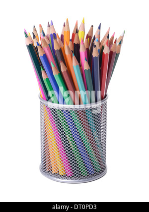 Office desk pencil pot full of coloured pencils Stock Photo