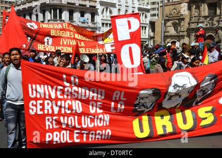 Members of the Revolutionary Workers Party (POR) during a protest march on Labour Day May 1st, La Paz, Bolivia Stock Photo