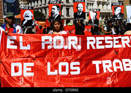 Members of the Revolutionary Workers Party with pictures of famous left wing figures during a protest march on Labour Day May 1st, La Paz, Bolivia Stock Photo