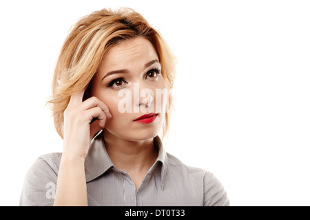 Businesswoman with hand on the head thinking isolated on white background Stock Photo