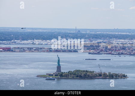 View of the Statue of Liberty in the Hudson River looking west from 4 World Trade Center Stock Photo