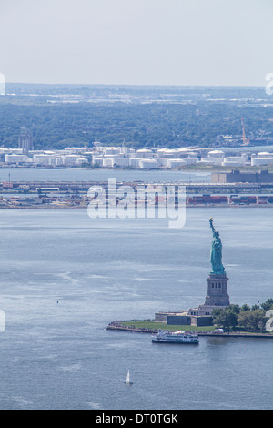 View of the Statue of Liberty in the Hudson River looking west from 4 World Trade Center Stock Photo