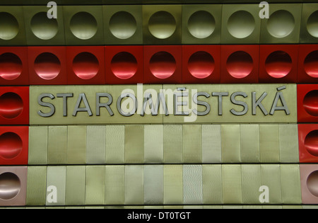Futuristic decoration in the platform of Staromestska Metro station on Line A located under Kaprova street in the Old Town Stare Mesto in Prague Czech republic Stock Photo