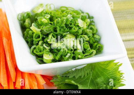 Closeup horizontal photo of fresh green onions, placed in white bowl, and sliced cuts of carrots used as sushi ingredients Stock Photo