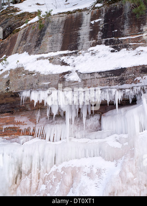 Color photograph, detail, of the Apostle Island Ice Caves, Makwike Bay, near Bayfield, Wisconsin, on a cold February day. Stock Photo