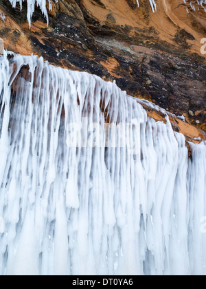 Color photograph, detail, of the Apostle Island Ice Caves, Makwike Bay, near Bayfield, Wisconsin, on a cold February day. Stock Photo