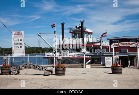 The Mark Twain riverboat, anchored at the Hannibal waterfront, takes tourists on three trips a day on the Mississippi River. Stock Photo