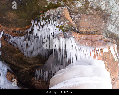 Color photograph, detail, of the Apostle Island Ice Caves, Makwike Bay, near Bayfield, Wisconsin, on a cold February day. Stock Photo