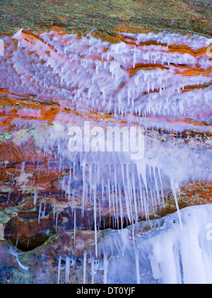 Color photograph, detail, of the Apostle Island Ice Caves, Makwike Bay, near Bayfield, Wisconsin, on a cold February day. Stock Photo