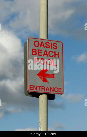 Oasis Beach Swimming Pool Sign on post,  Bedford, UK Stock Photo