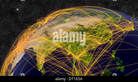 Air travel network over East Asia. Elements of this image furnished by NASA. Stock Photo