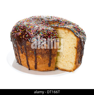 Easter cake with glace icing on white background Stock Photo