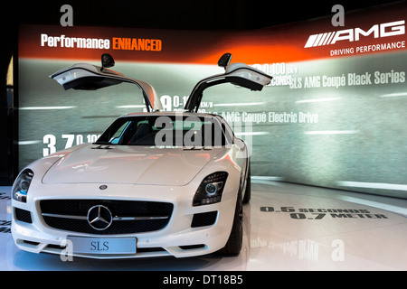 AMG SLS 6.3 Coupe gullwing motor car on display at AMG Mercedes gallery showroom in Odeonsplatz, Munich, Bavaria, Germany Stock Photo