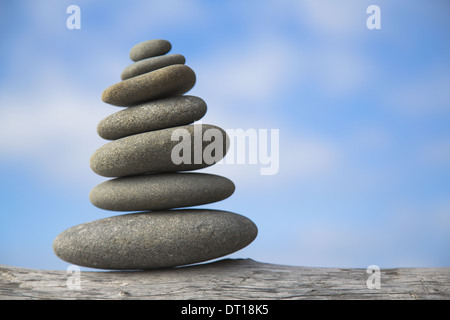 Rialto Beach Olympic National Park Washington USA. pile of balancing smooth pebbles rocks USA Stock Photo