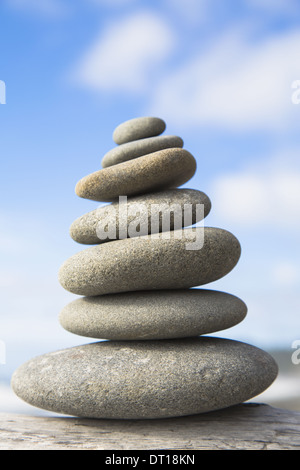 Rialto Beach Olympic National Park Washington USA. pile of balancing smooth pebbles rocks USA Stock Photo