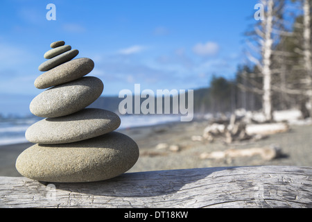 Rialto Beach Olympic National Park Washington USA. pile of balancing smooth pebbles rocks USA Stock Photo