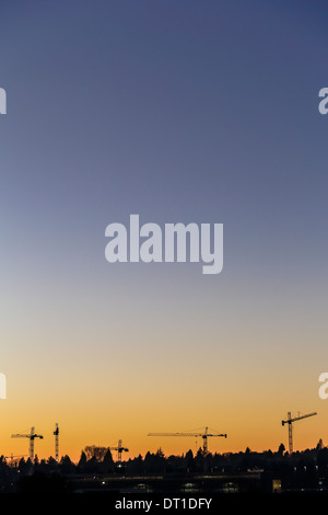 Construction Cranes at Dusk in South Vancouver, Canada Stock Photo