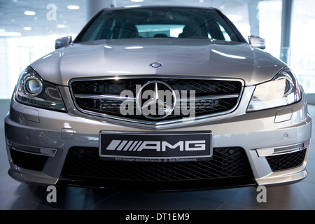 Mercedes-AMG C63 AMG Saloon car in Mercedes-AMG showroom and gallery in Mercedesstrasse in Stuttgart, Bavaria, Germany Stock Photo