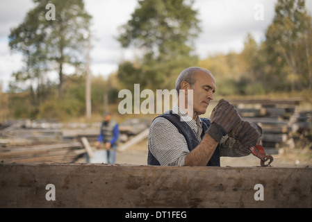 Two men working in a reclaimed timber yard One using a tool to remove metals from a reclaimed piece of timber Stock Photo